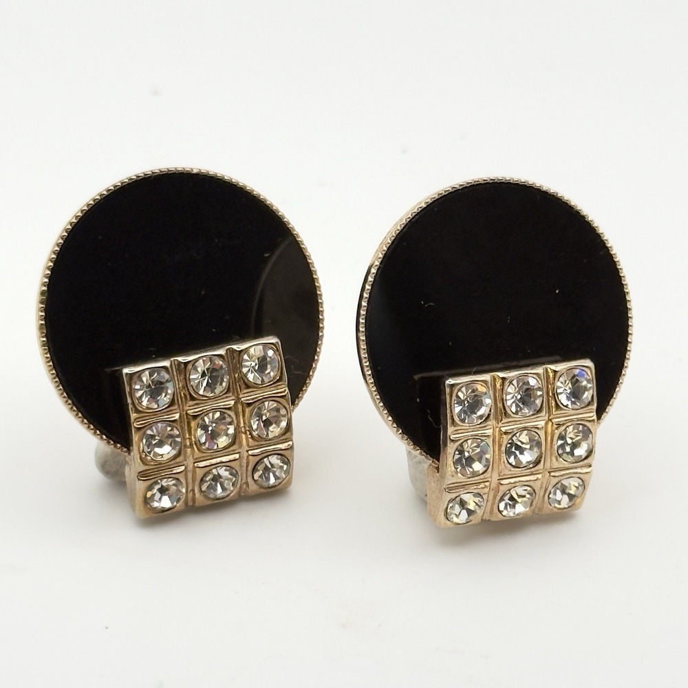 Vintage Rhinestone Clip On Earrings Black Enamel Gold Tone Geometric Discs